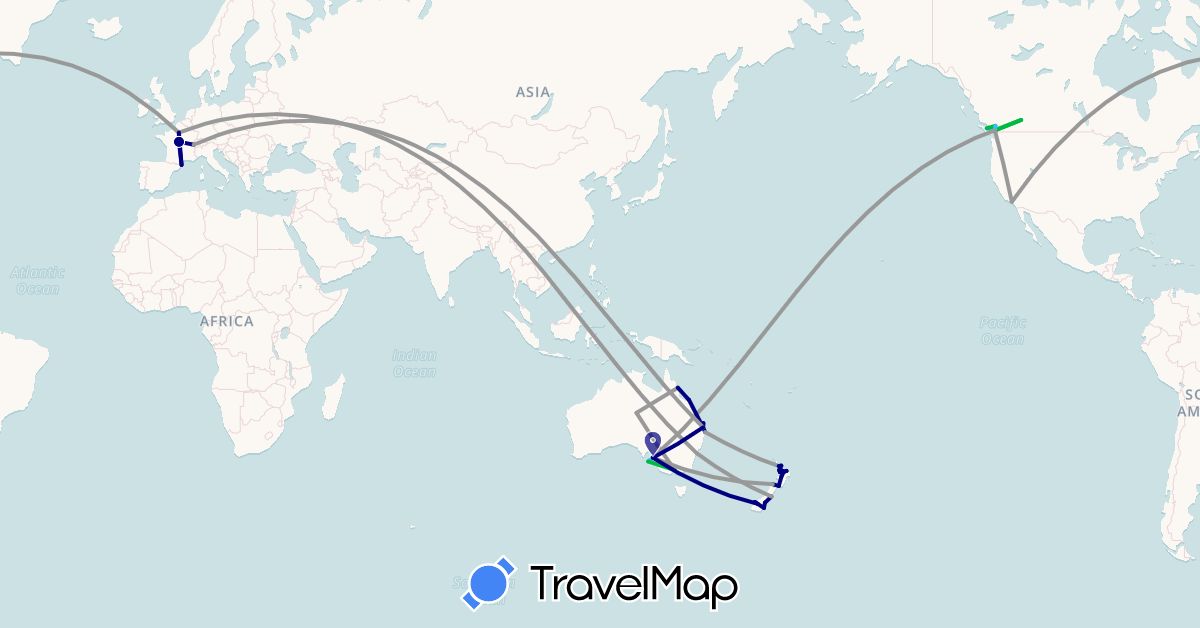 TravelMap itinerary: driving, bus, plane, train, boat in Australia, Canada, Switzerland, Spain, France, New Zealand, United States (Europe, North America, Oceania)